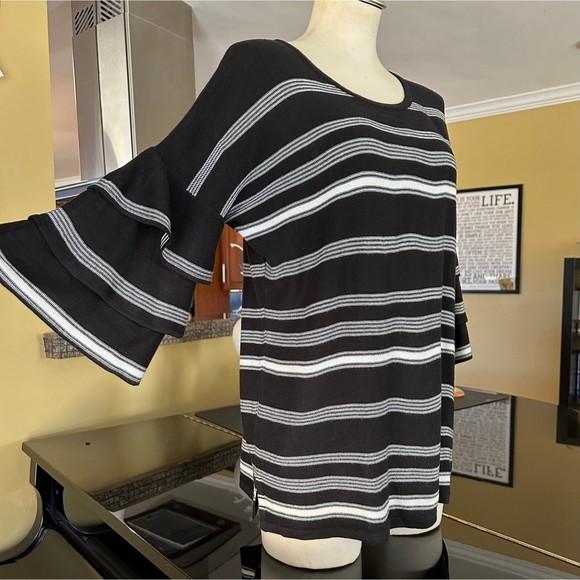 Calvin Klein Black & White Stripe Ruffled Bell Sleeve Scoop Neck Tunic Sweater - Picture 6 of 12